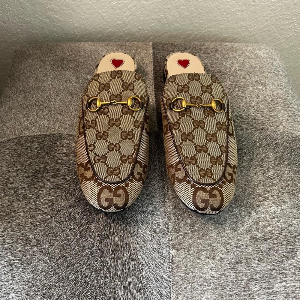 Gucci Beige GG Canvas Mules with Gold Hardware